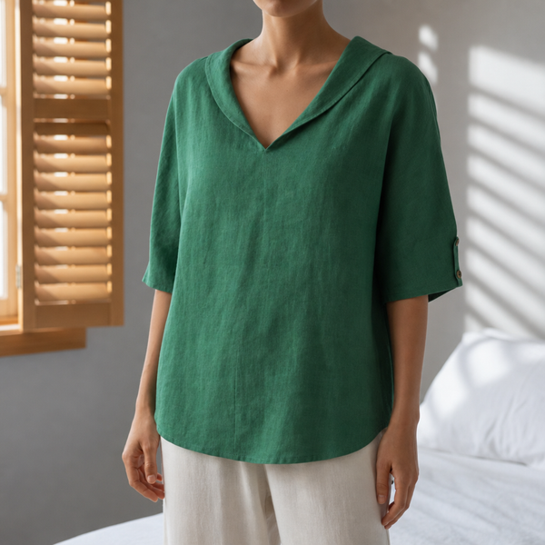 Camogli Linen V-Neck Blouse in Green