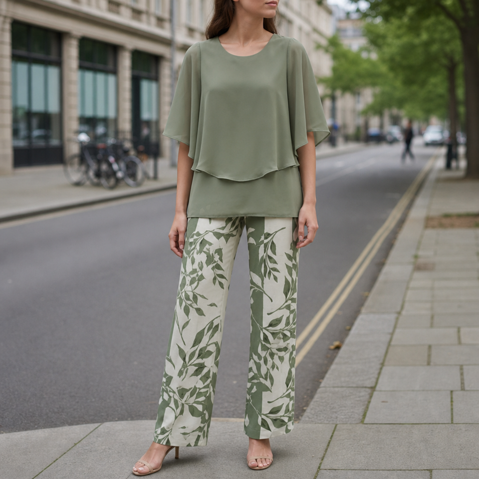 Biot Floral Chiffon Two-Piece Set in Sage Green