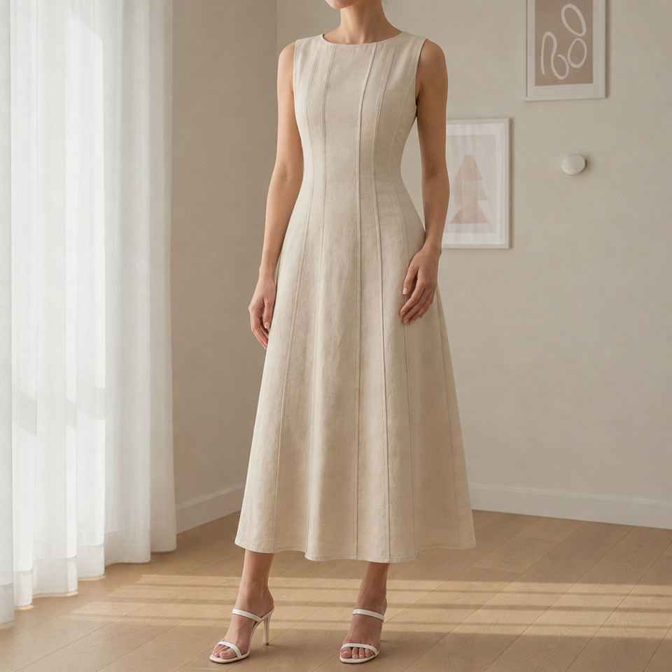 Amarante Linen A-Line Midi Dress in Apricot
