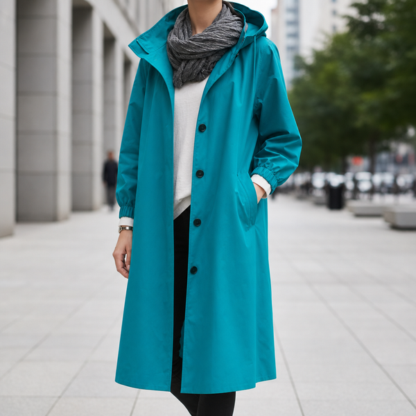 Frigiliana Hooded Longline Trench Coat in Arctic blue