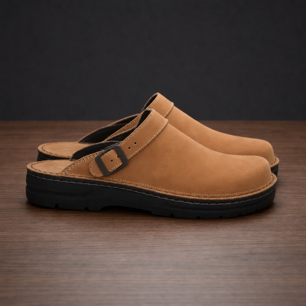 Cortona Leather Buckle Clogs in Beige