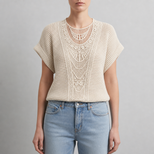 Ajaccio Crochet Lace Knit Blouse in Beige