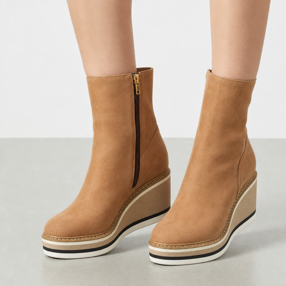 Cascais Platform Wedge Ankle Boots in Beige