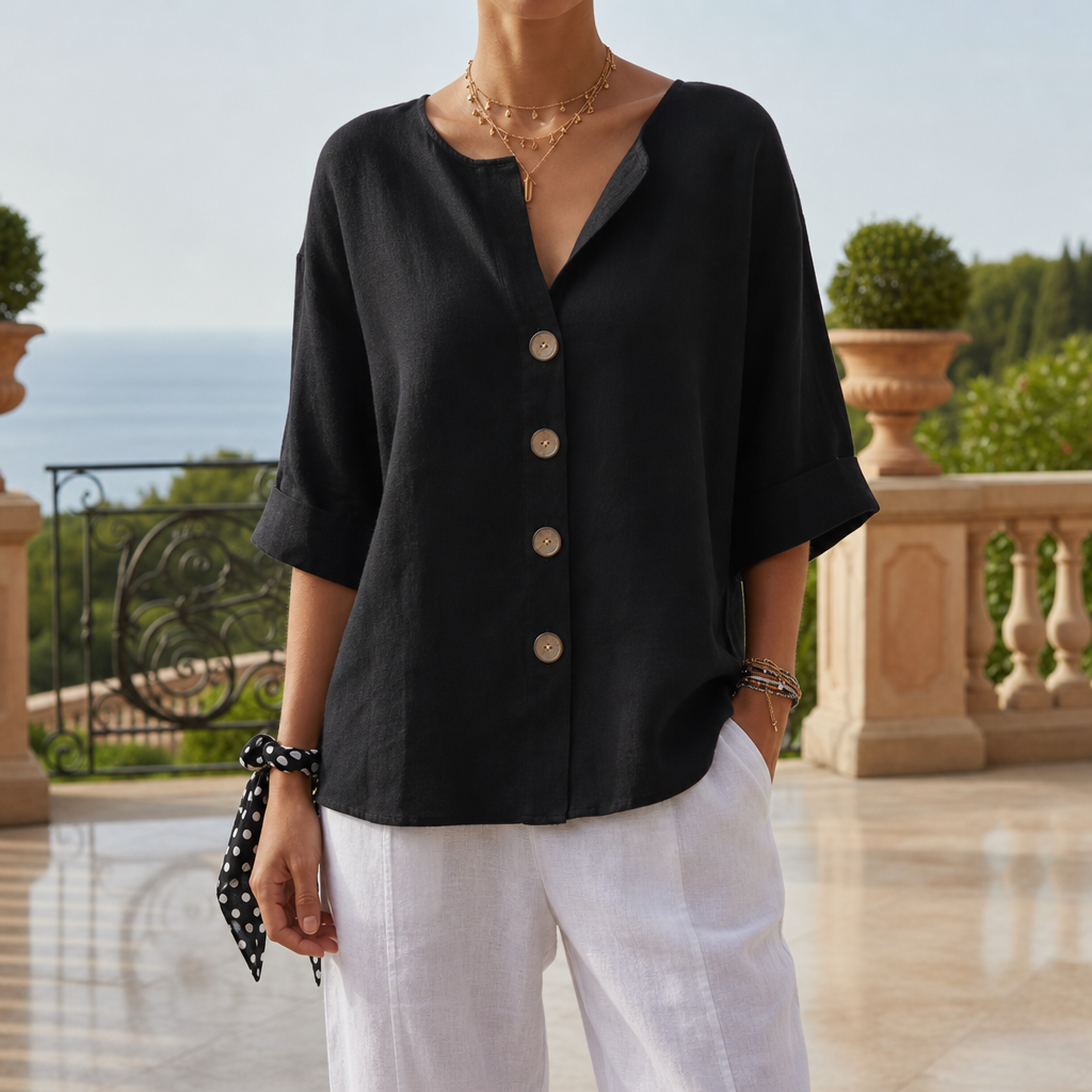 Tarifa Linen Button-Up Blouse in Black