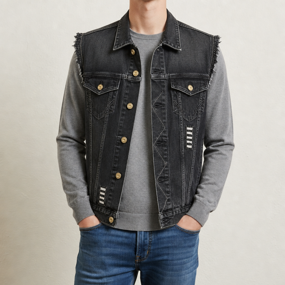 Larnaca Distressed Denim Vest in Black