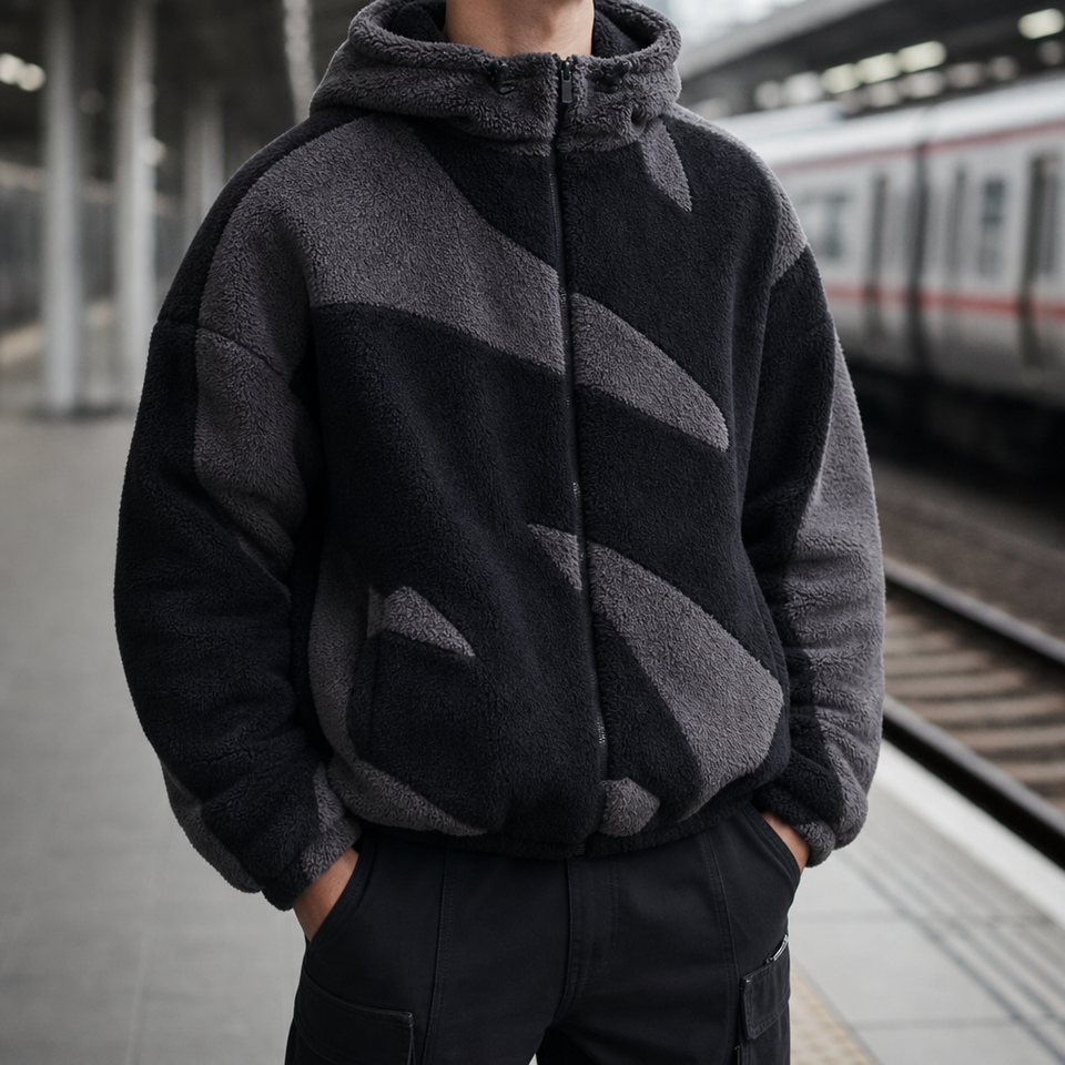 Sibenik Colour Block Sherpa Hoodie in Black