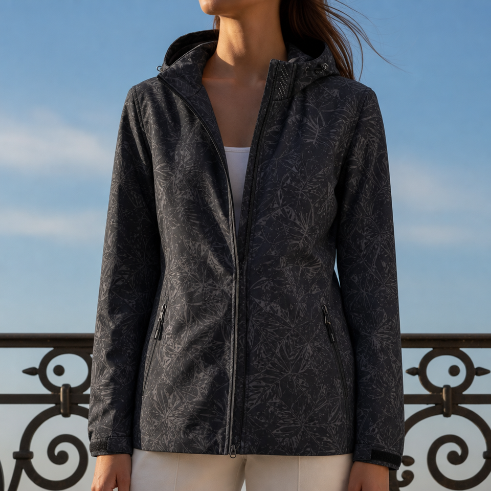 Arles Leaf Print Hooded Jacket in Black