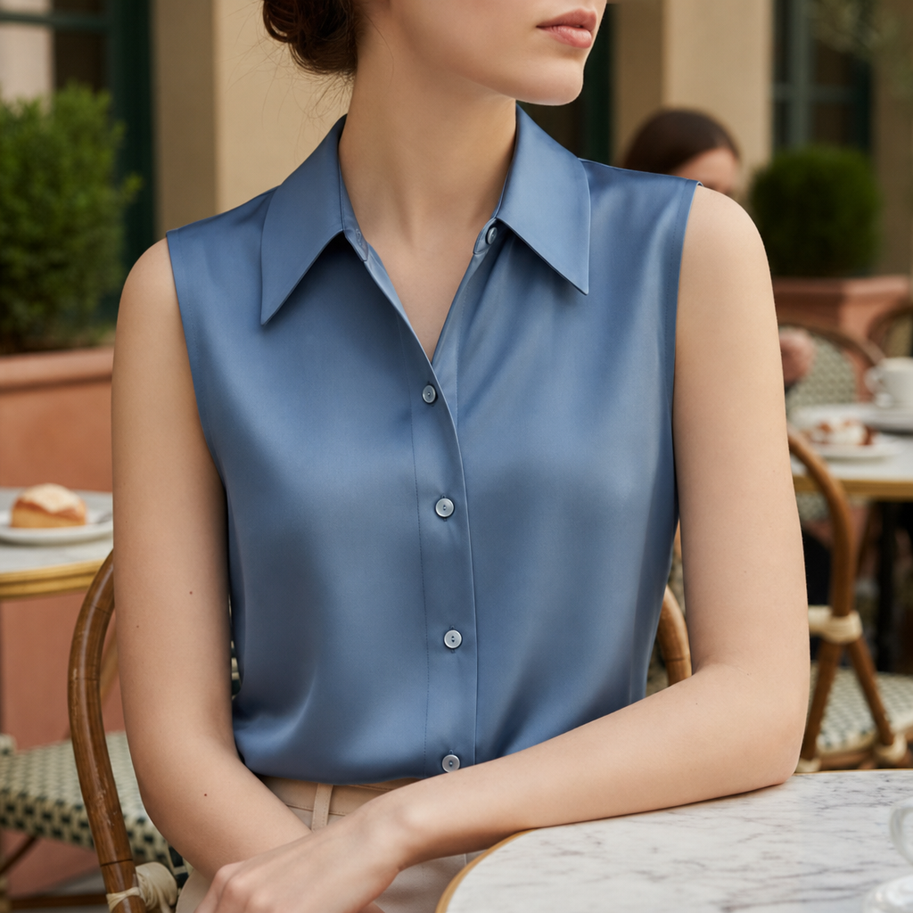 Imperia Satin Sleeveless Blouse in Blue
