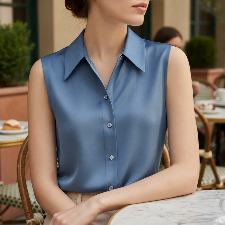 Imperia Satin Sleeveless Blouse in Blue