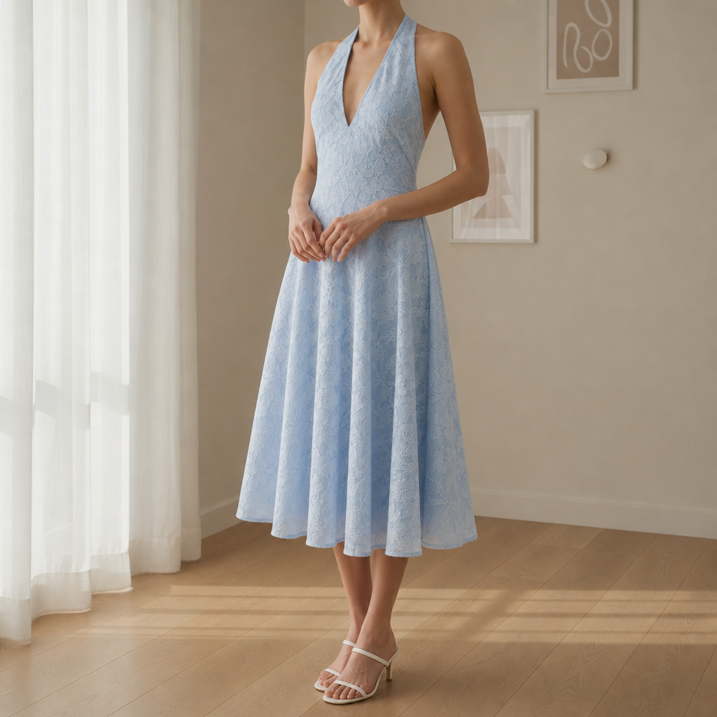 Montepulciano Jacquard Halter Midi Dress in Powder Blue