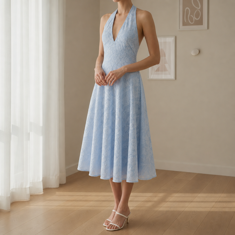 Montepulciano Jacquard Halter Midi Dress in Powder Blue