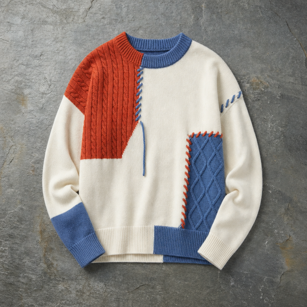 Alonnisos Patchwork Cable Knit Sweater in Blue