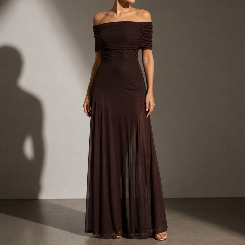 Spetses Mesh Overlay Maxi Dress in Brown