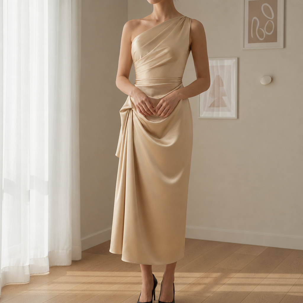 Narbonne Draped Satin Midi Dress in Champagne