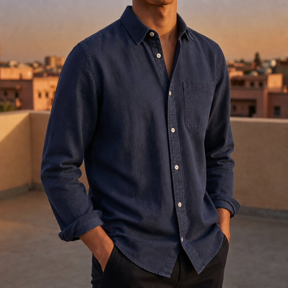 Mdina Casual Denim Button-Down in Dark Blue