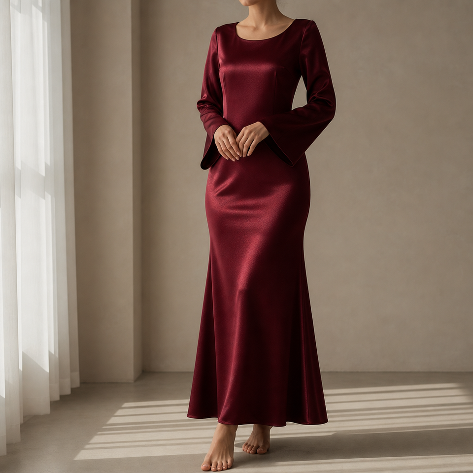 Astypalaia Satin Evening Gown in Dark Red