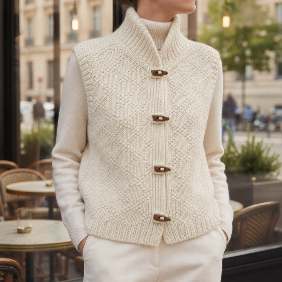 Poros Chunky Knit Toggle Vest in Ivory White