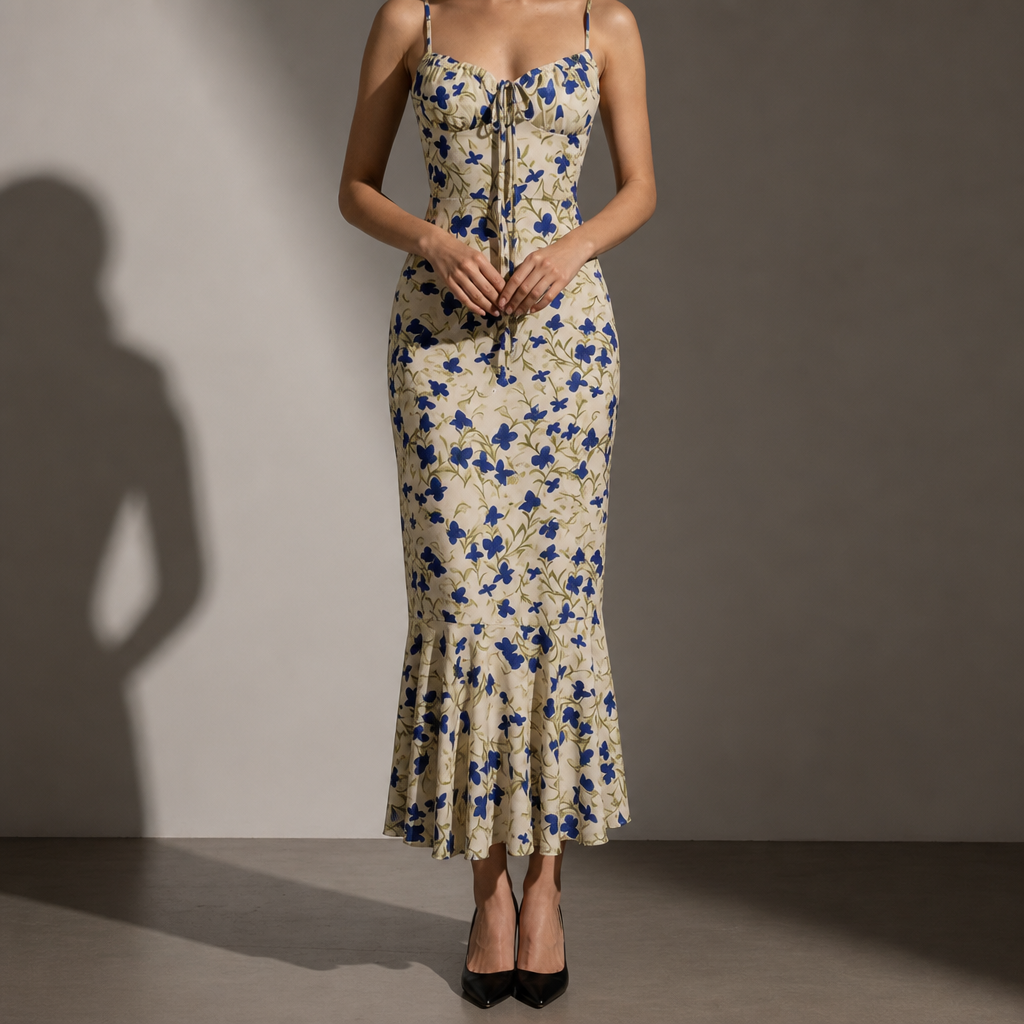 Villefranche Floral Ruffle Maxi Dress in Ivory Blue Floral