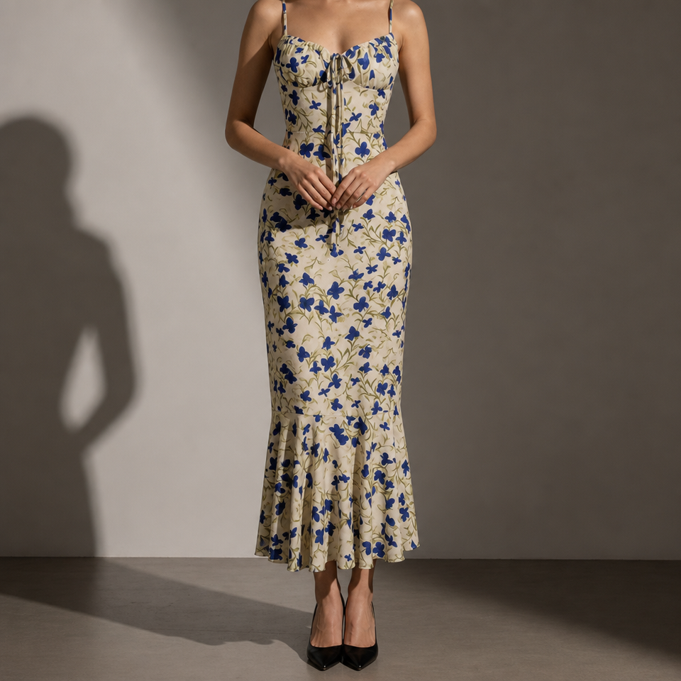 Villefranche Floral Ruffle Maxi Dress in Ivory Blue Floral