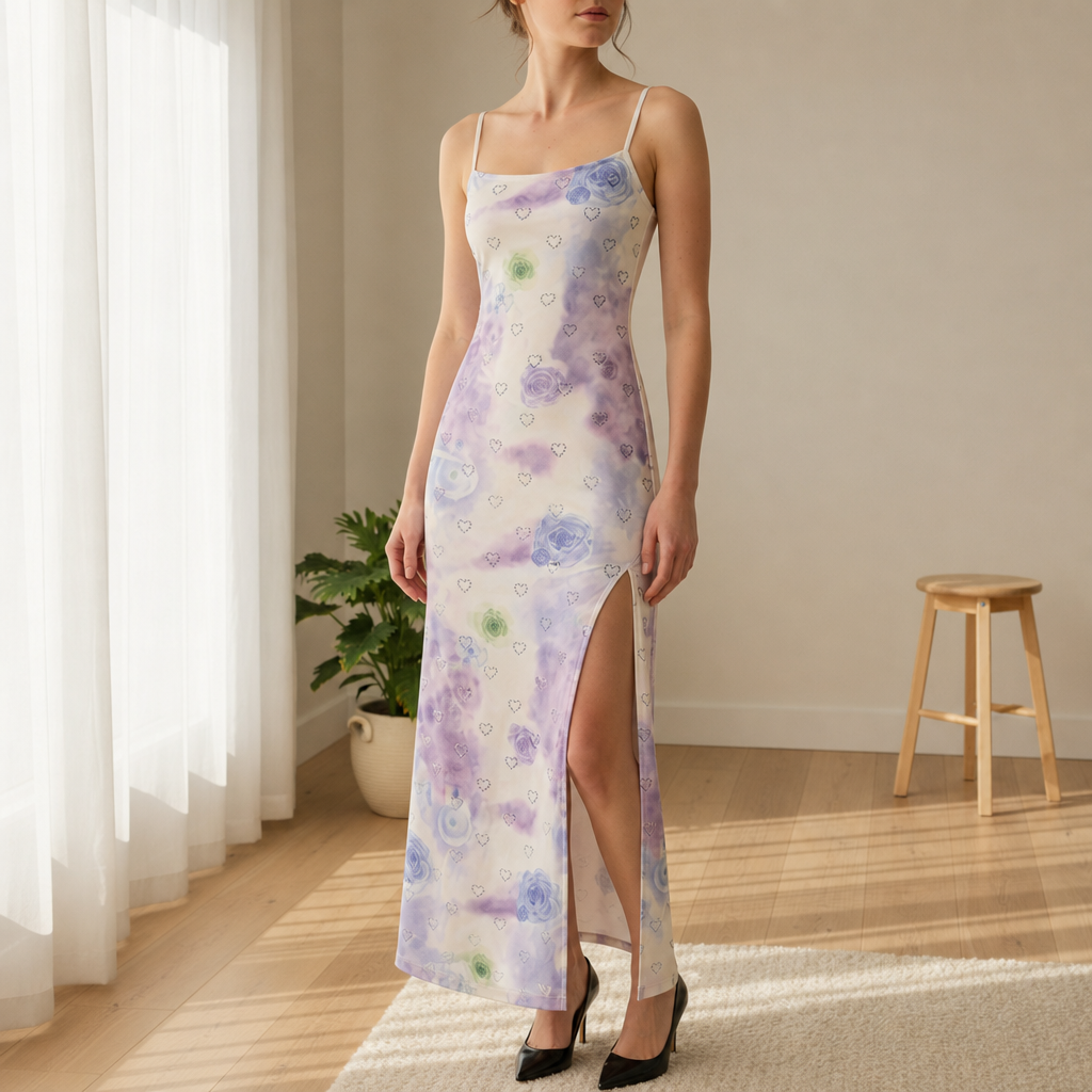 Kardamyli Floral Heart Print Maxi Dress in Ivory Lilac Floral