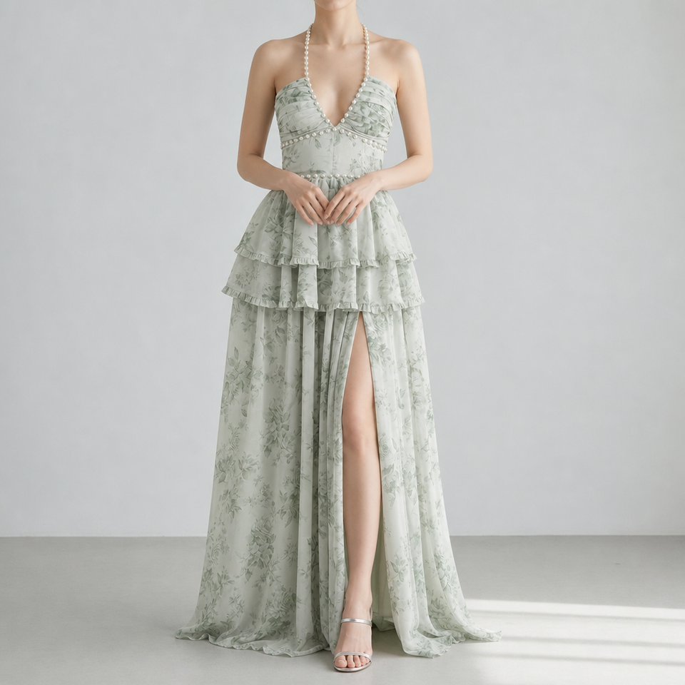 Sliema Floral Pearl Maxi Dress in Pale Sage