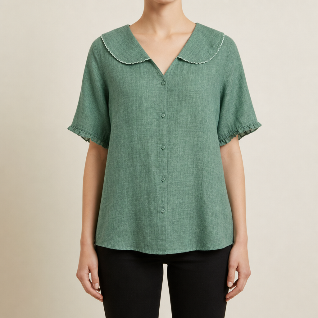 Sorrento Doll Collar Linen Blouse in Green