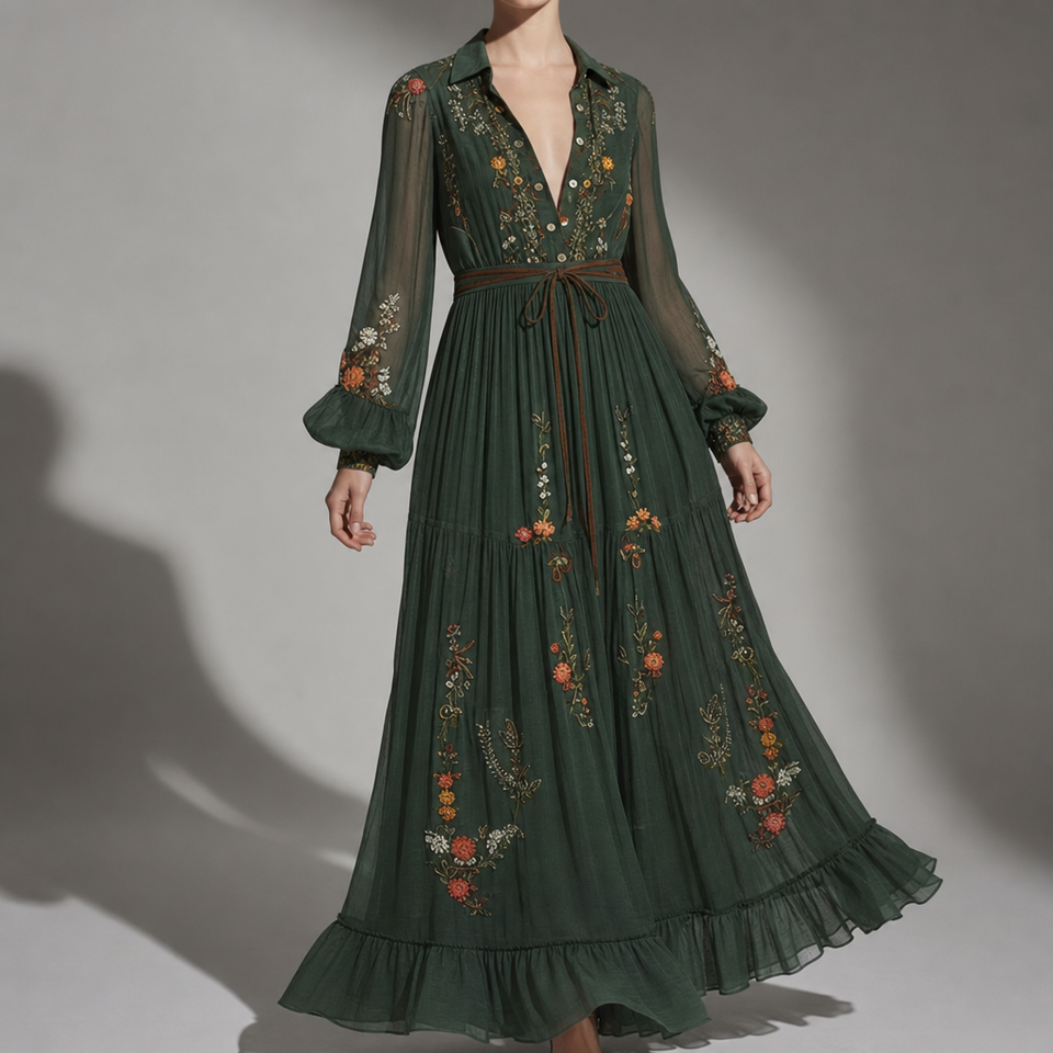 Montalcino Embroidered Boho Maxi Dress in Green