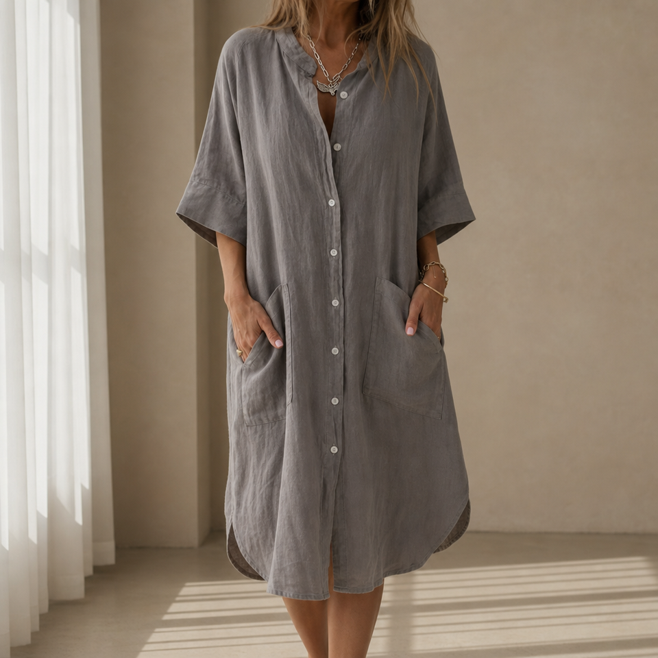 Segovia Linen Button-Up Shirt Dress in Gray
