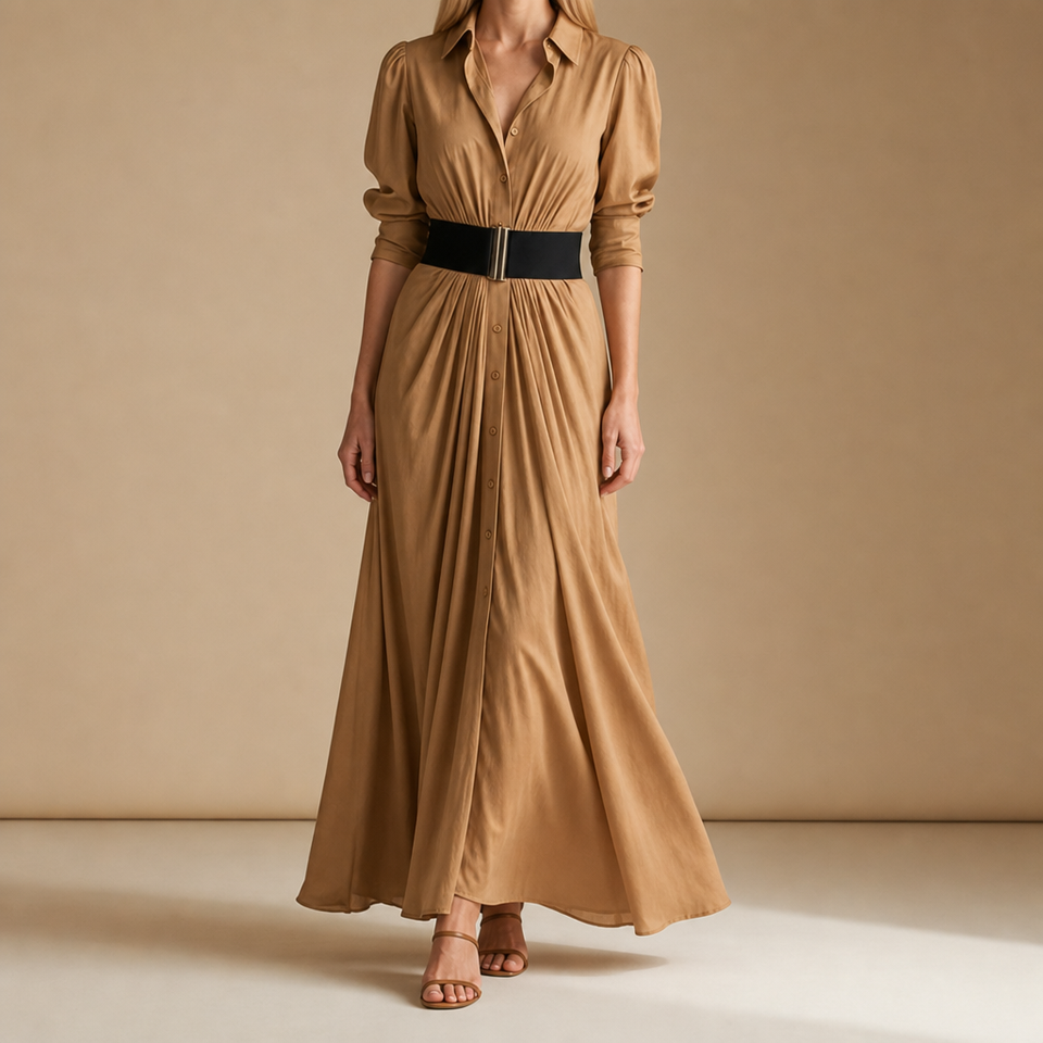 Pollensa Belted Maxi Shirt Dress in Khaki