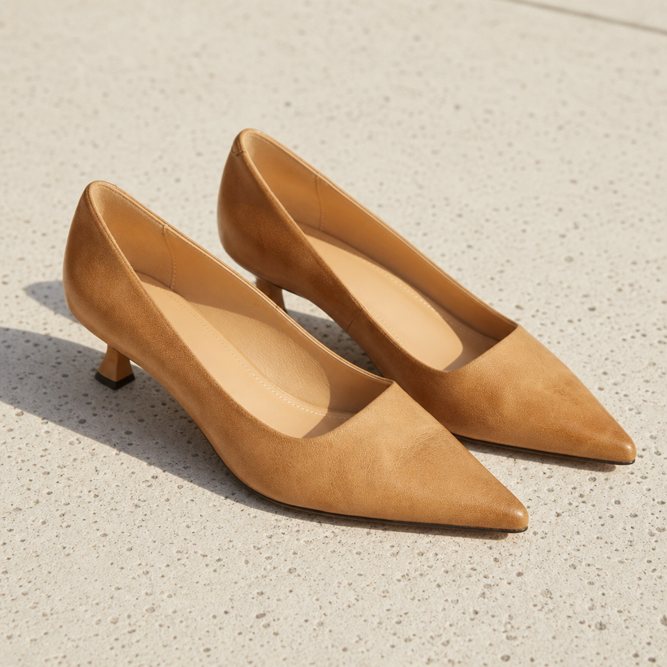 Kyrenia Pointed Toe Leather Pumps in Khaki