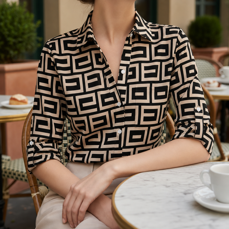 Merano Geometric Print Blouse in Black & Beige Greek Key