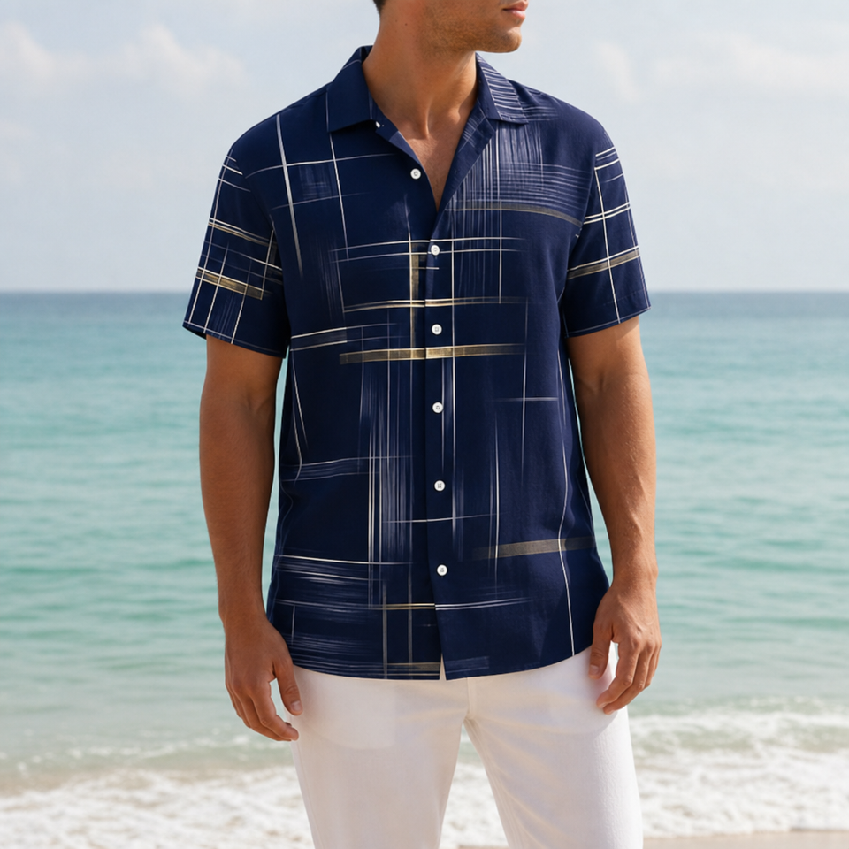 Bandol Geometric Plaid Button Shirt in Navy Blue