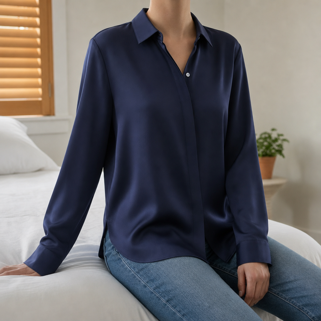 Opatija Long Sleeve Button Blouse in Navy Blue