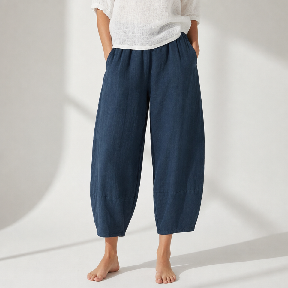 Antiparos Loose Linen Cropped Pants in Navy Blue