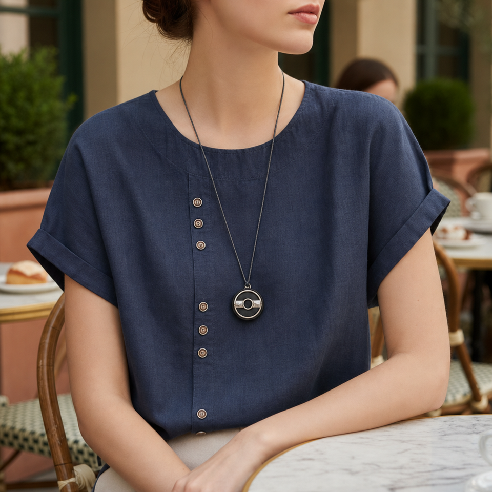 Begur Linen Button Blouse in Navy Blue