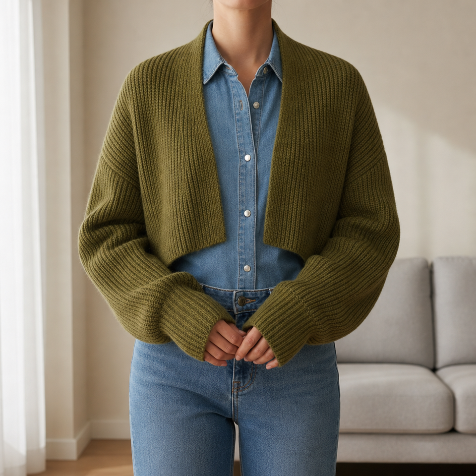 Sitges Ribbed Knit Shrug Cardigan in Olive