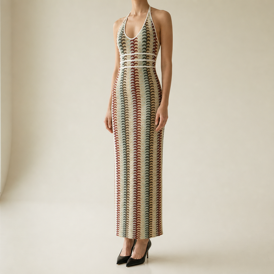 Aveiro Halter Knit Maxi Dress in Cream Multi