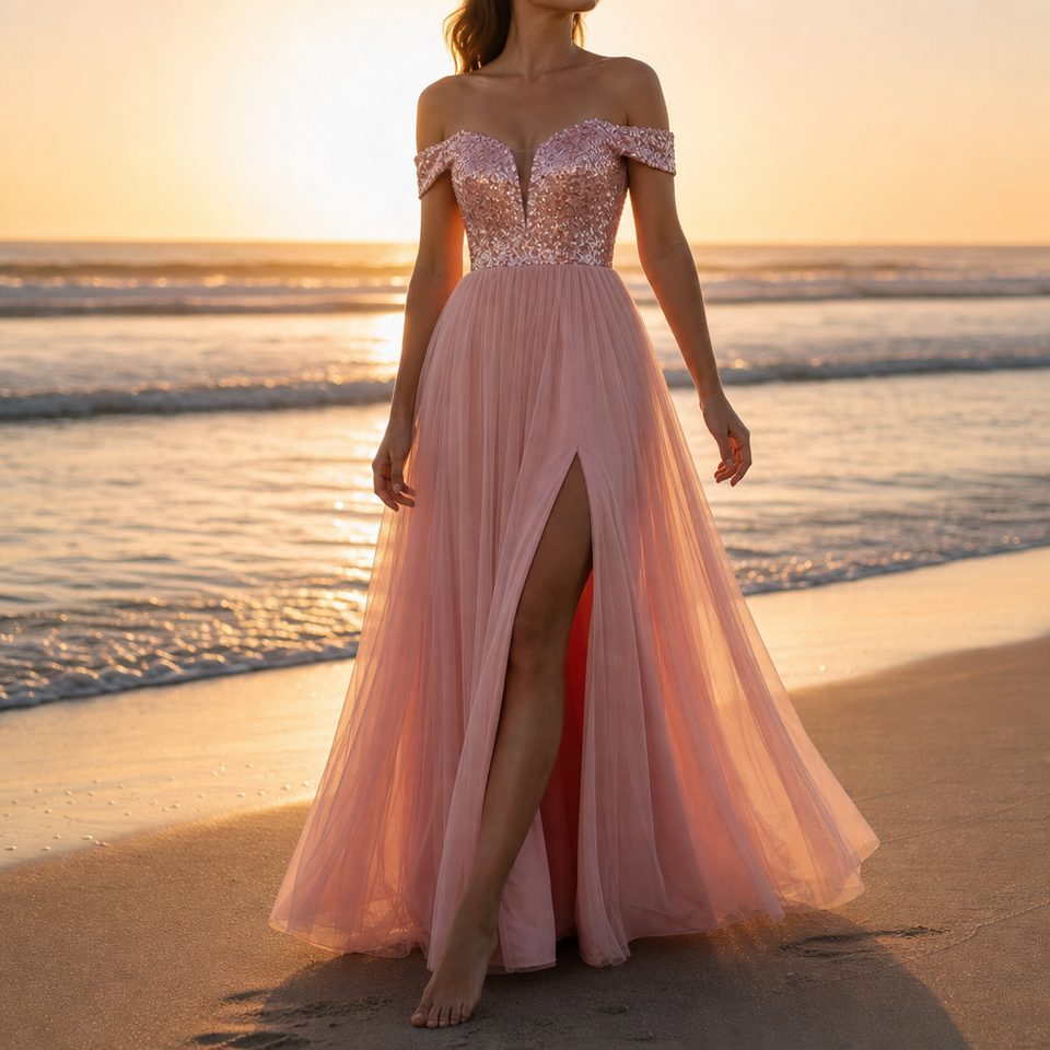 Calpe Sequin Tulle Maxi Dress in Pink