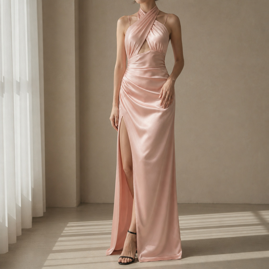 Montalcino Halter Cutout Satin Maxi Dress in Pink