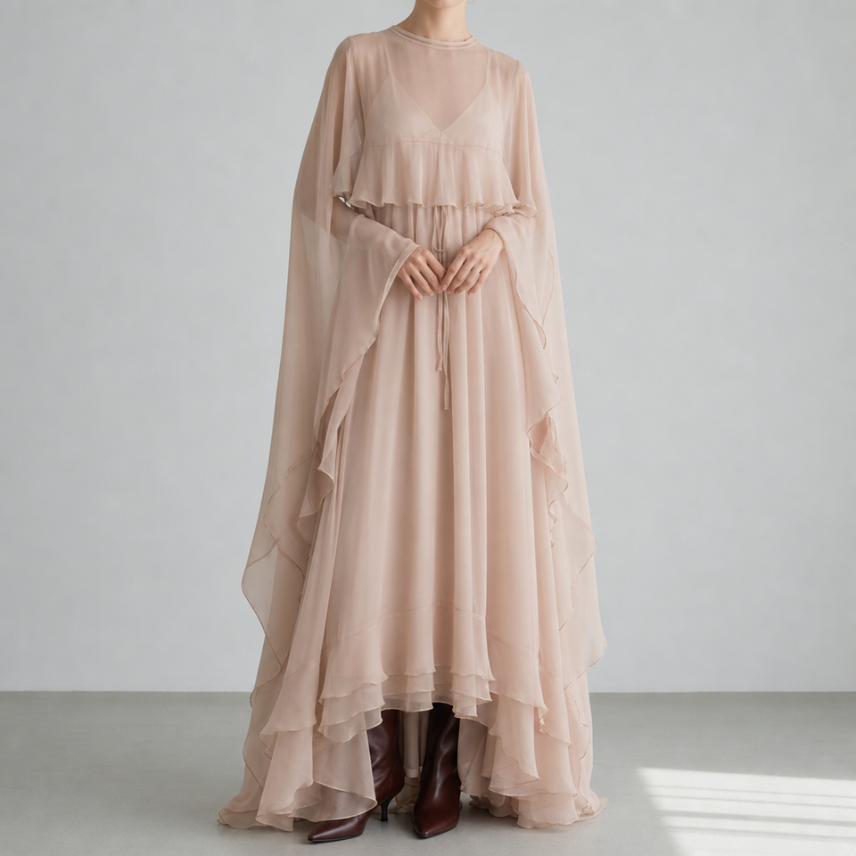 Bonifacio Chiffon Cape Maxi Dress in Soft Pink