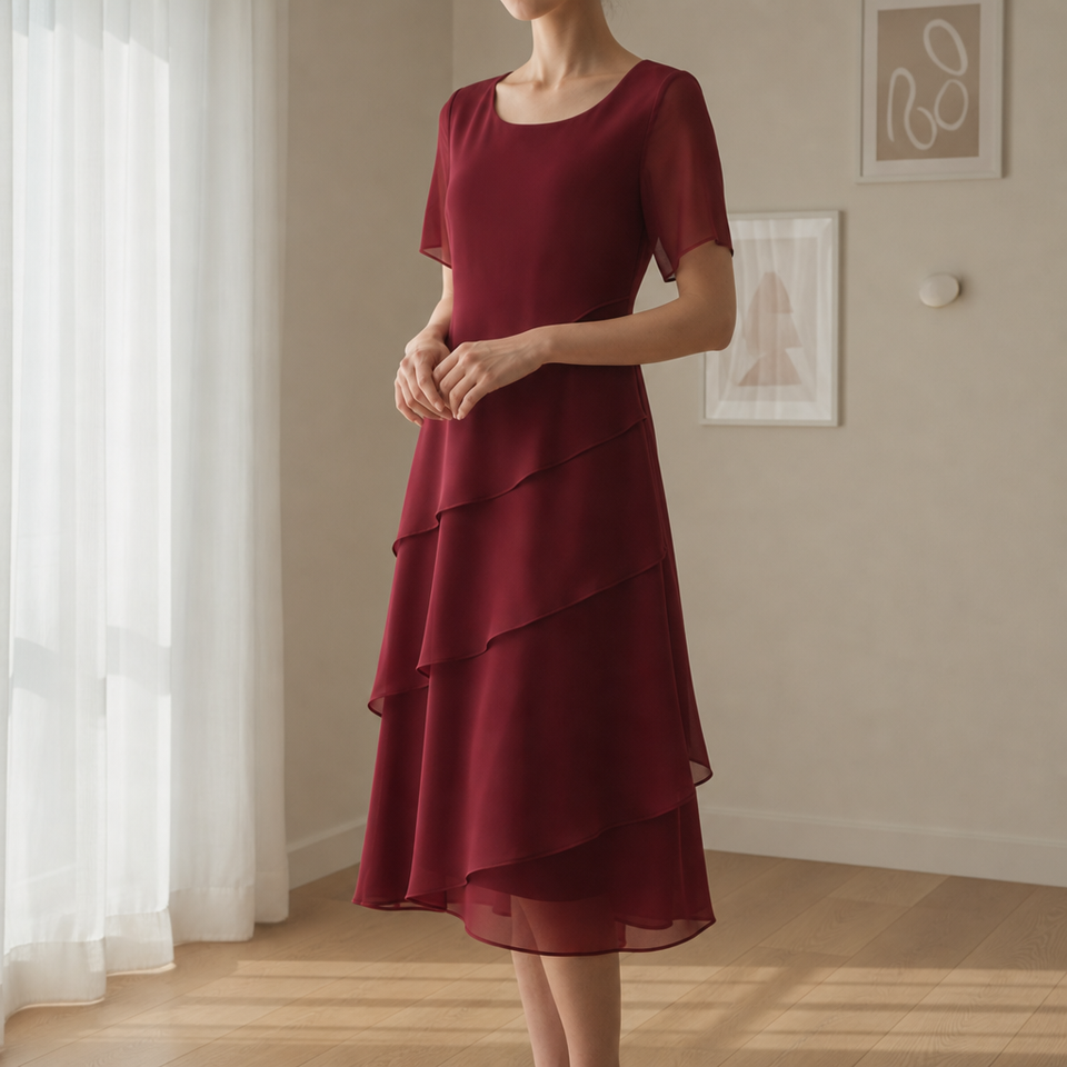 Mantova Tiered Chiffon Midi Dress in Red