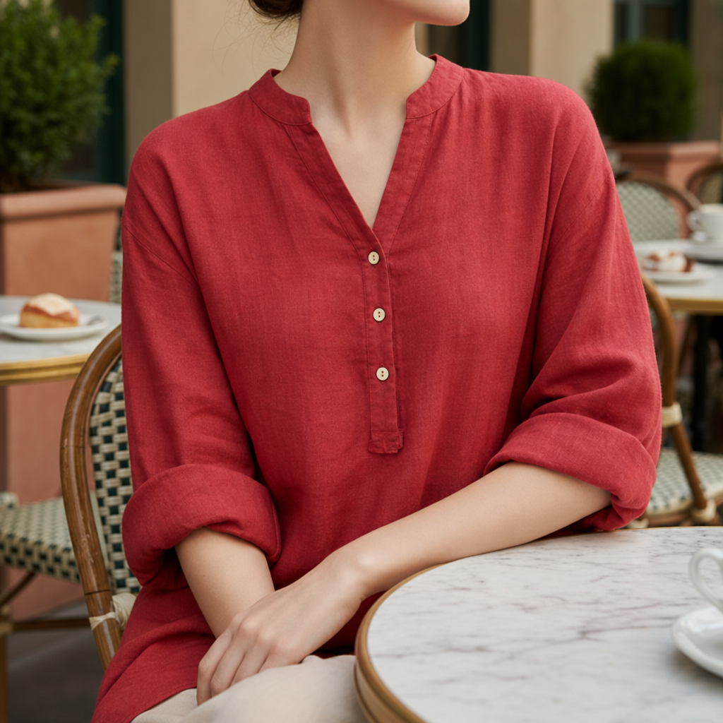 Paphos Linen Button-Up Tunic in Red