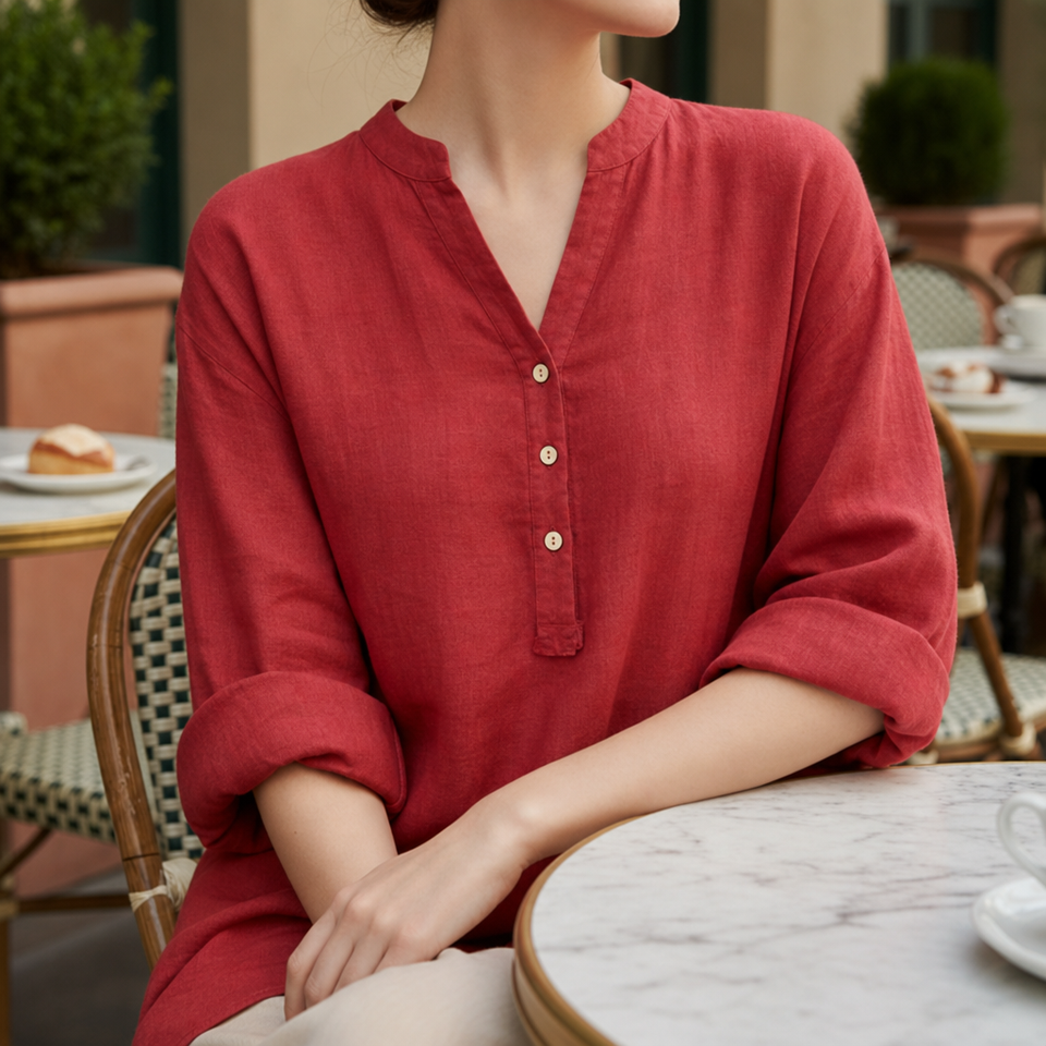Paphos Linen Button-Up Tunic in Red