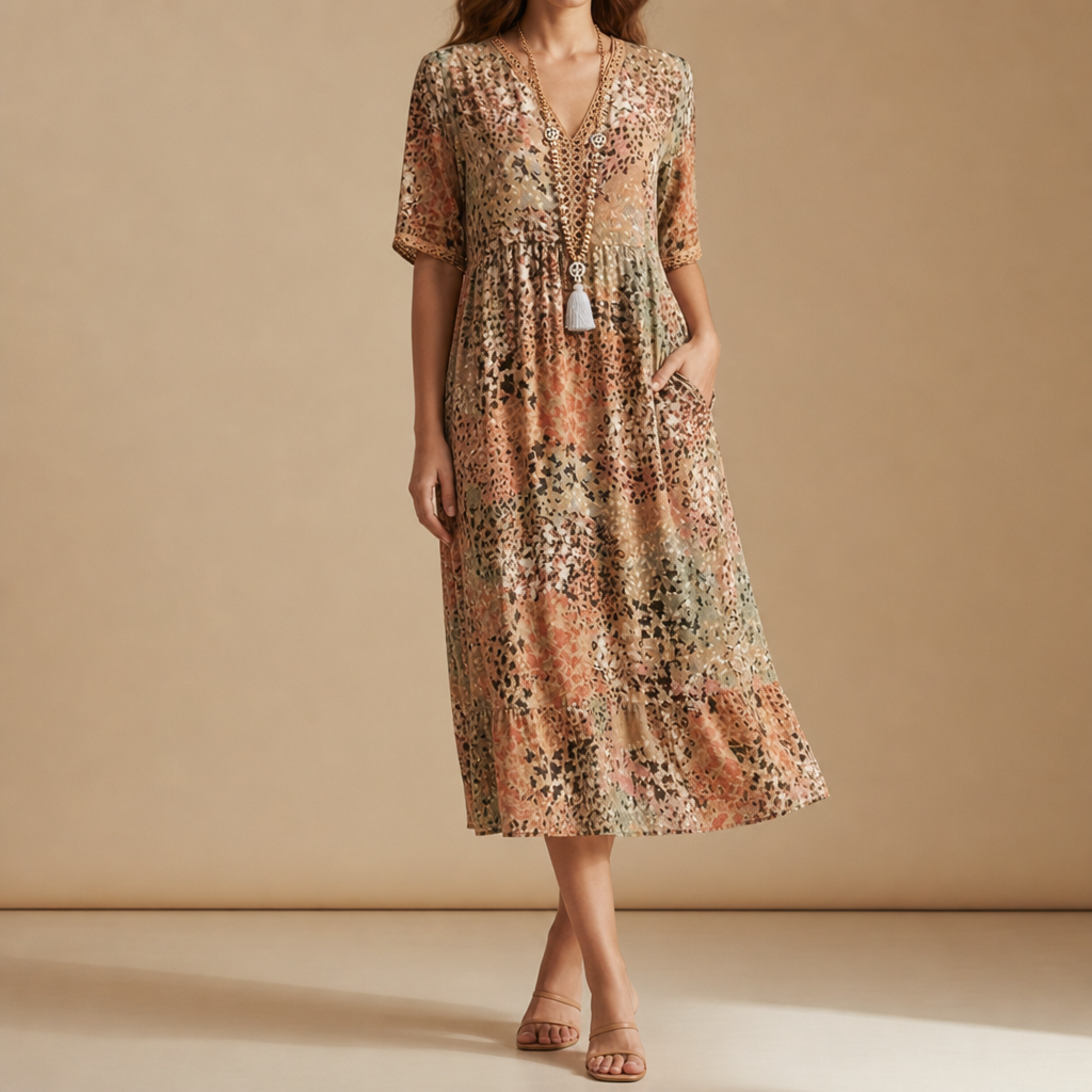 Roquebrune Floral Print Midi Dress in Sandy Beige