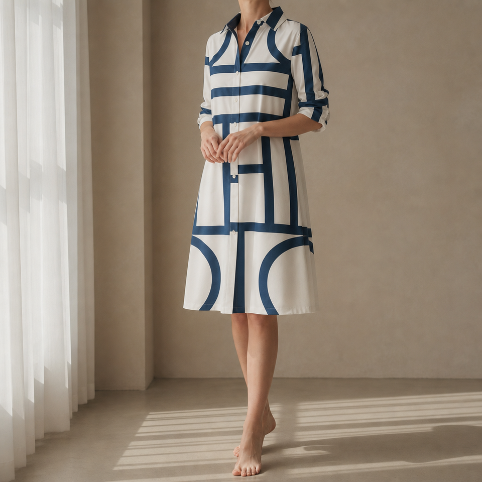 Lefkada Geometric Print Shirt Dress in White Blue