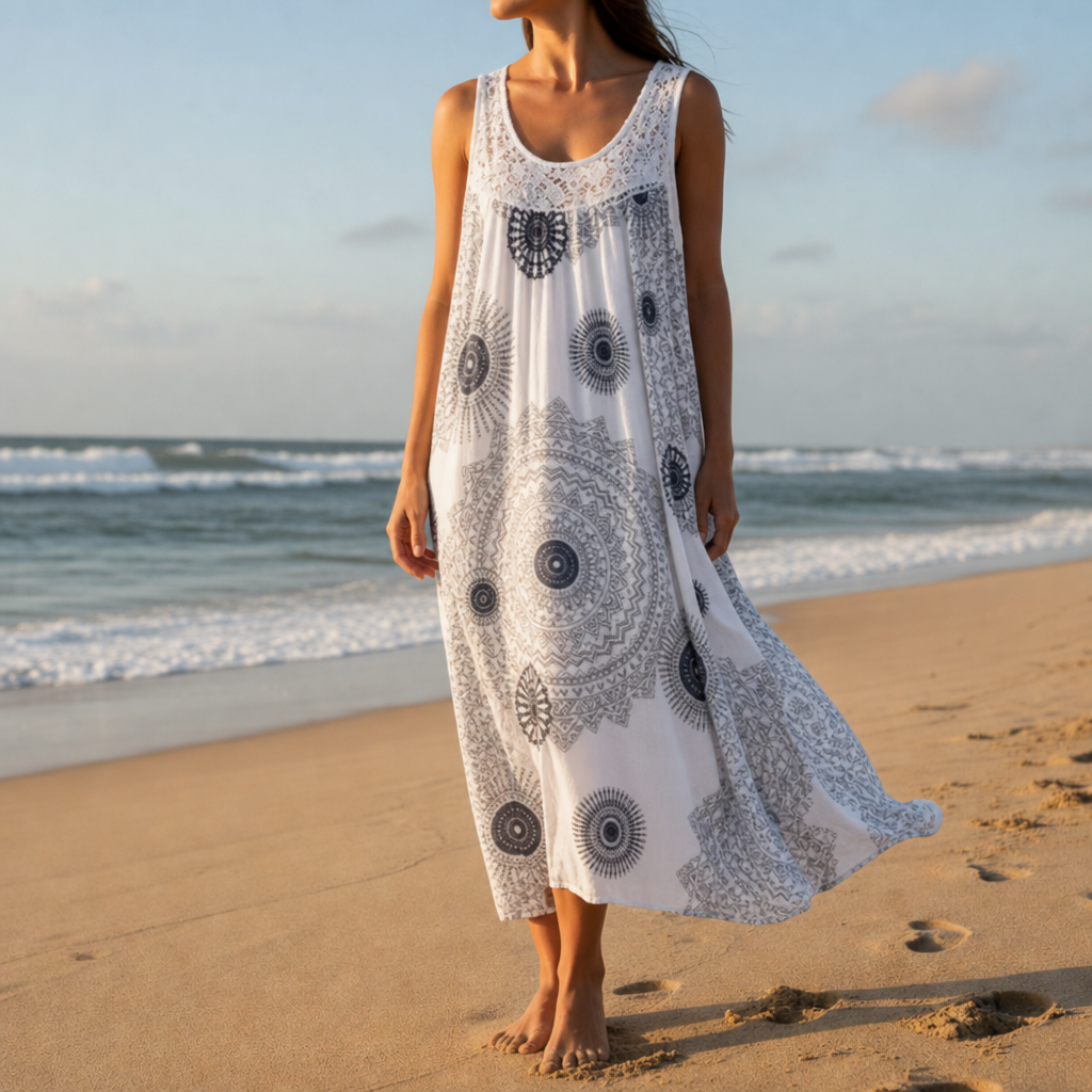 Tivoli Boho Mandala Print Dress in White