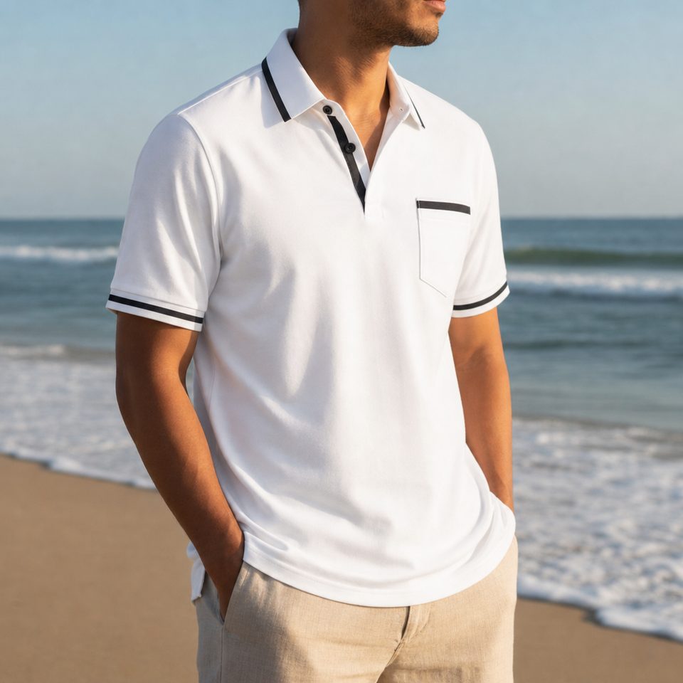 Nimes Striped Trim Polo Shirt in White