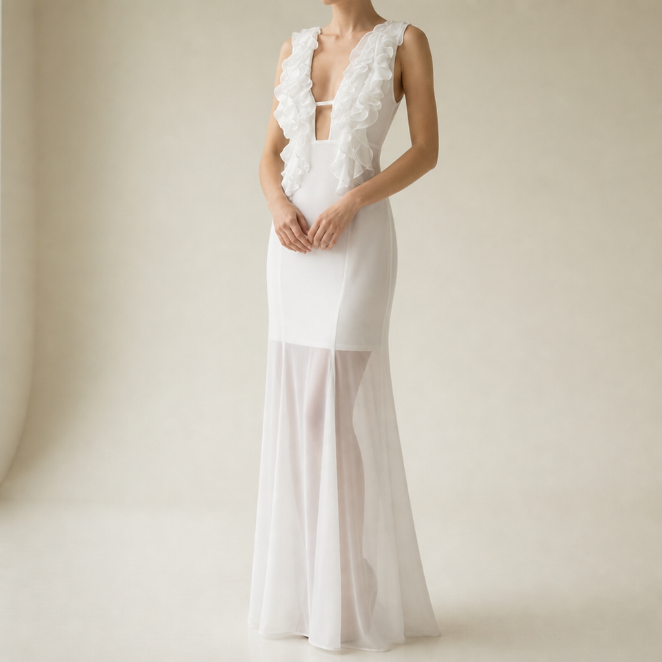 Birgu Ruffle Mesh Maxi Dress in White