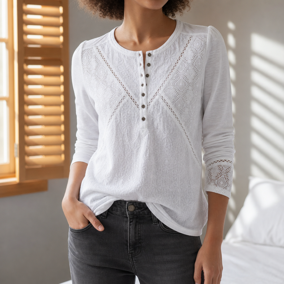 Evora Lace Panel Henley Top in White