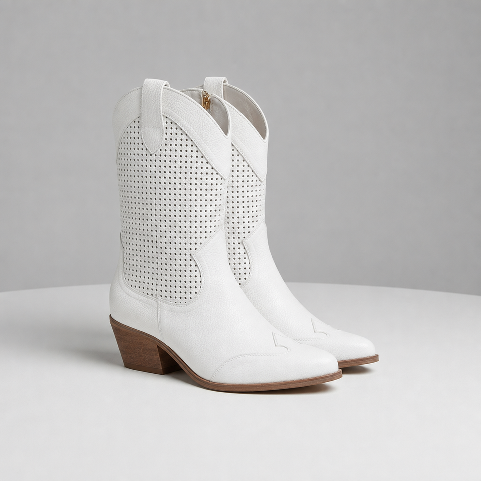 Skiathos Perforated Western Boots in White